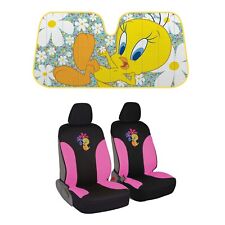 New Tweety Bird Flowers Car Front 2pc Seat Cover Set Windshield Sunshade