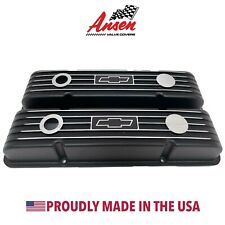 Small Block Chevy Black Valve Covers - Chevy Bowtie Logo - Finned - Ansen Usa