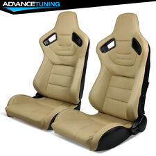 Reclinable Pair Racing Seats Dual Sliders Beige Pu Carbon Leather Back