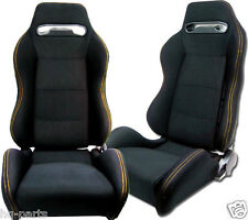 Pair Black Cloth Yellow Stitch Reclinable Racing Seats Fit For Bmw Sliders