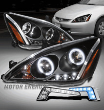 For 03-07 Honda Accord Led Halo Projector Black Headlight Lamp Wblue Drl Signal