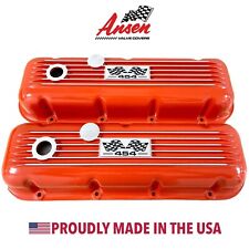 Big Block Chevy 454 Valve Covers Classic Finned With Flags Orange - Ansen Usa