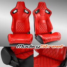2 X Reclinable Red Diamond Leather Rear Black Carbon Fiber Racing Car Seats