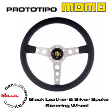 Momo Prototipo 370mm Black Leather Silver Spoke Steering Wheel