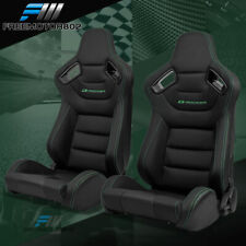 Universal Pair Reclinable Racing Seat Dual Slider Pu Leather Green Stitch