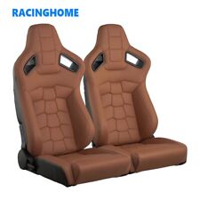 2pcs Universal Brown Car Racing Seat Pvc Leather Recline Seats With 2 Sliders