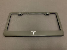 1xtesla Black Stainless Metal License Plate Frame Screw Caps Logo