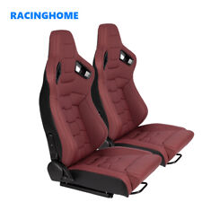 2pcs Universal Wine Red Car Racing Seat Pvc Leather Recline Seats With 2 Slider