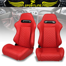Universal Pair Reclinable Racing Seats Dual Slider Red Pu Leather V Stitch