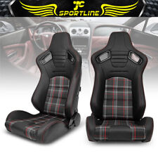 Universal Pair Reclinable Racing Seats Dual Slider Pu Carbon Leather Red Plaid