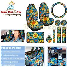 Car Seat Cover Hippie Flower Set With Armrest Pad Steering Wheel Cover Belt Pads