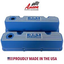 Ford 351 Cleveland Blue Finned Valve Covers - Die-cast Logo - Ansen Usa