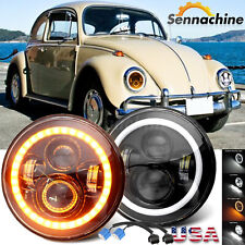 For 1950-1979 Vw Beetle Pair 7 Inch Round Led Headlights Hilow Beam Halo Drl