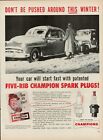 1954 Champion Spark Plugs Auto Car Vintage Old Print Ad Automobile Winter Snow