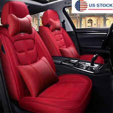 All Red Front Back Pu Leather 5seat Car Seat Cover Wheadrest Lumbar Pillow Usa