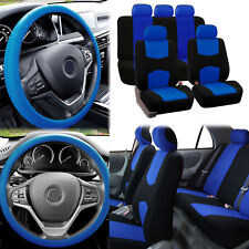 Flat Cloth Car Seat Covers Blue Black 2 Row Set W Silicone Steering Wheel Cover