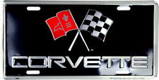 Corvette With Racing Flags Embossed Metal Novelty License Plate Tag