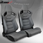 Universal Pair Reclinable Racing Seats Dual Sliders Grey Pucarbon Leather Back