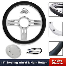 14 Chrome Aluminum 9 Holes Bullet Steering Wheel W Black Leather Horn Button