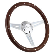 380mm Chrome Dark Steering Wheel Real Wood Riveted Grip 15 - 6 Hole Chevy