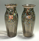Moser Matched Pair Of Smokey Topaz Japonesque Decorated Art Nouveau Vases