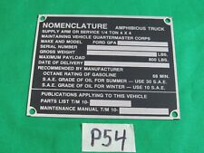 Data Plate Small Nomenclature Fits Wwii Ford Gpa Amphibious Jeep P54
