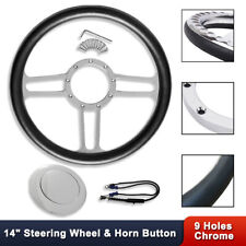 14 Chrome Billet Aluminum Tri Spoke Steering Wheel 9 Holes Smooth Horn Button