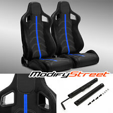 2 X Black Pvc Leatherblue Stripwhite Stitch Leftright Racing Car Seats