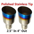 2x Blue Burnt Exhaust Single Layer Slant Tip Polished Stainless 2.5in 4out