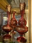 Pair Antique Cranberry Bohemian Moser Glass Vases Gold Decoration 19c.