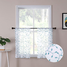 Tollpiz Leaves Sheer Tier Curtain Teal Blue Leaf Embroidery Kitchen Half Curtain