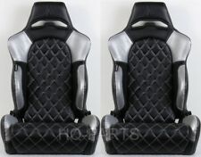 2 X Tanaka Black Silver Pvc Leather Racing Seats Diamond Stitch Fits Vw