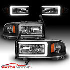 1994-2002 For Dodge Ram 1500 2500 3500 Black Led C Light Bar Headlights