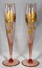 Antique Art Nouveau Moser Cranberry Glass Vase Pair Flutes Gold Encrusted Etched