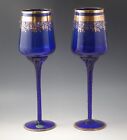 Vtg Empoli Glass Cobalt Moser Style Candleholders Goblets Pair Gold