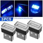 3x Mini Blue Led Usb Car Interior Light Neon Atmosphere Ambient Lamp Accessories
