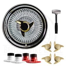 15x7 Std 100 Spoke Straight Lace Lowrider Wire Wheels 3 Bar Gold Caps Set Of 4