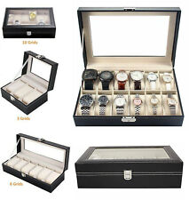 10 12 Slot Leather Watch Box Display Case Organizer Glass Jewelry Storage Black